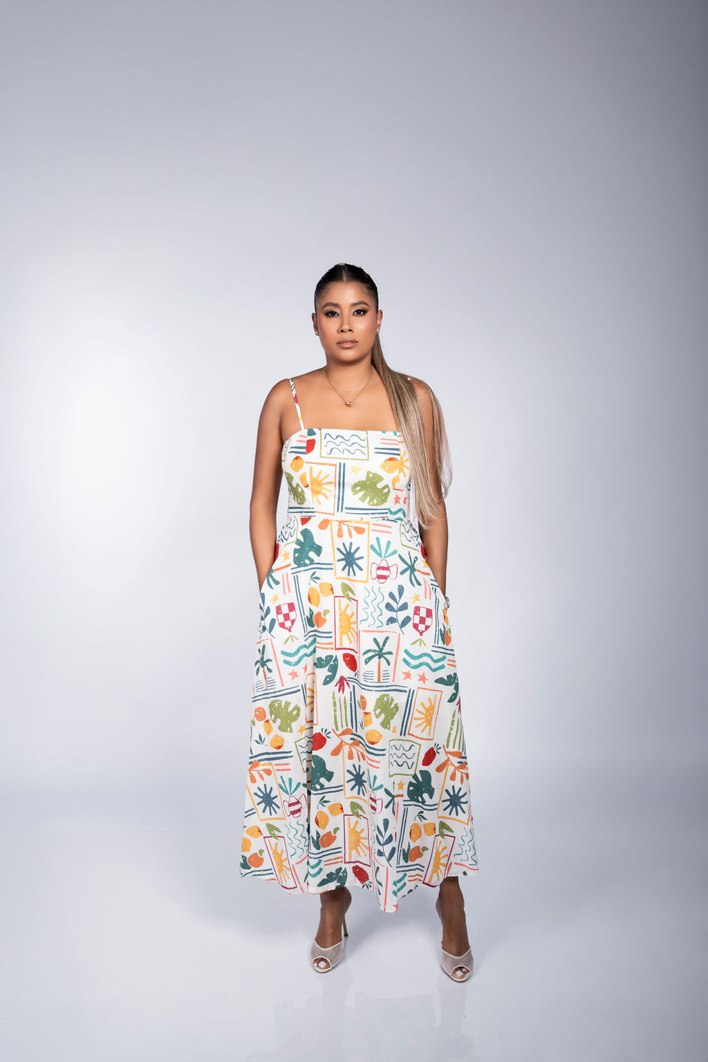 MULTI COLOR PRINT MIDI DRESS