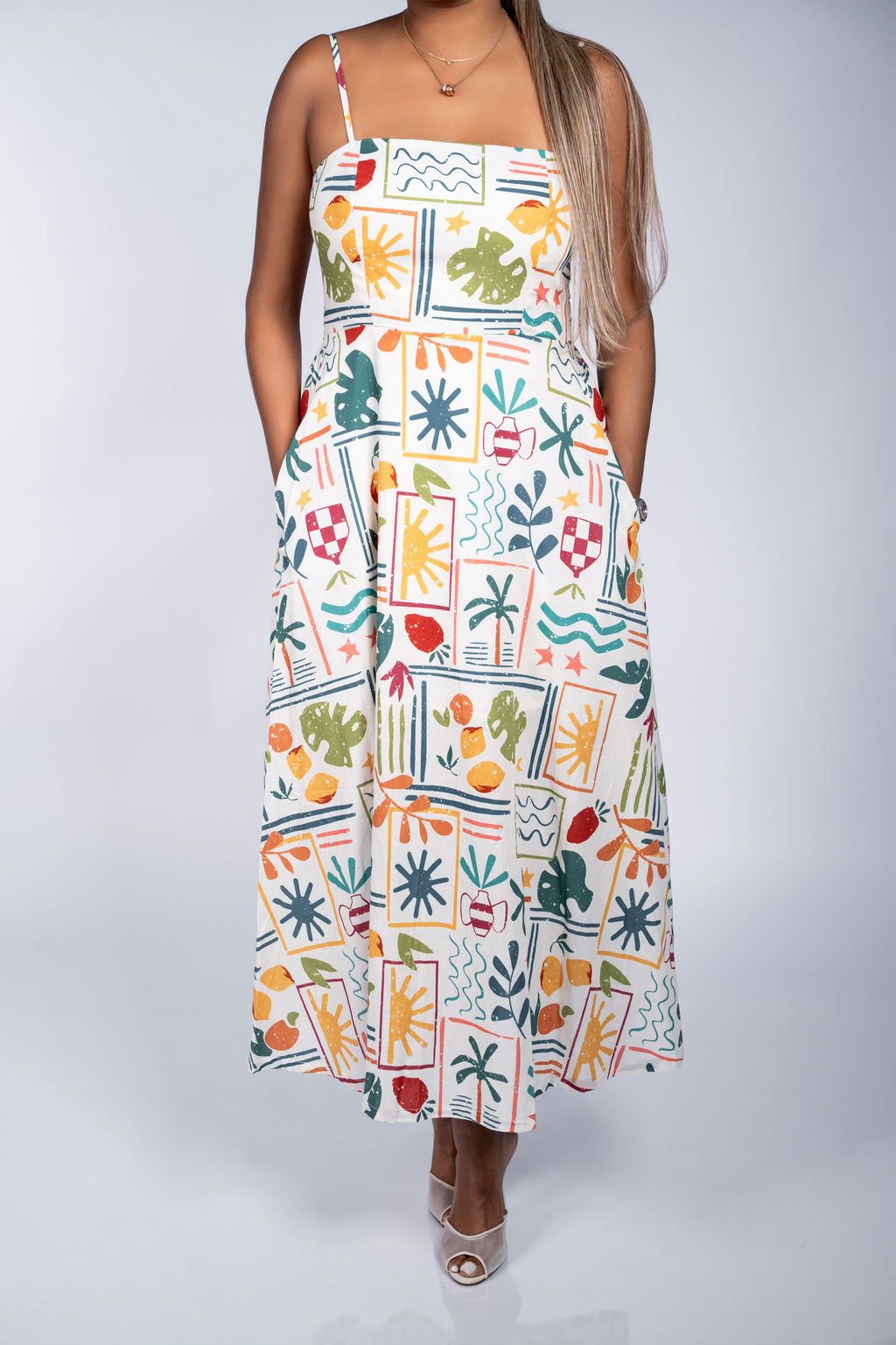 MULTI COLOR PRINT MIDI DRESS